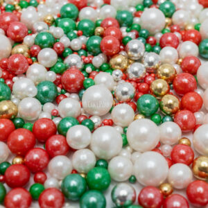 Close-up of CakeFetti Sugarplum Sparkles Christmas sprinkles in mixed sizes, showing texture and colours