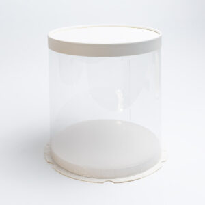 Cylinder cake box showing clear PET sides