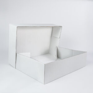 Slab cake box in heavy duty white cardboard open front view - The Cake Pod Slab Cake Box in Heavy Duty White Cardboard Open Front View